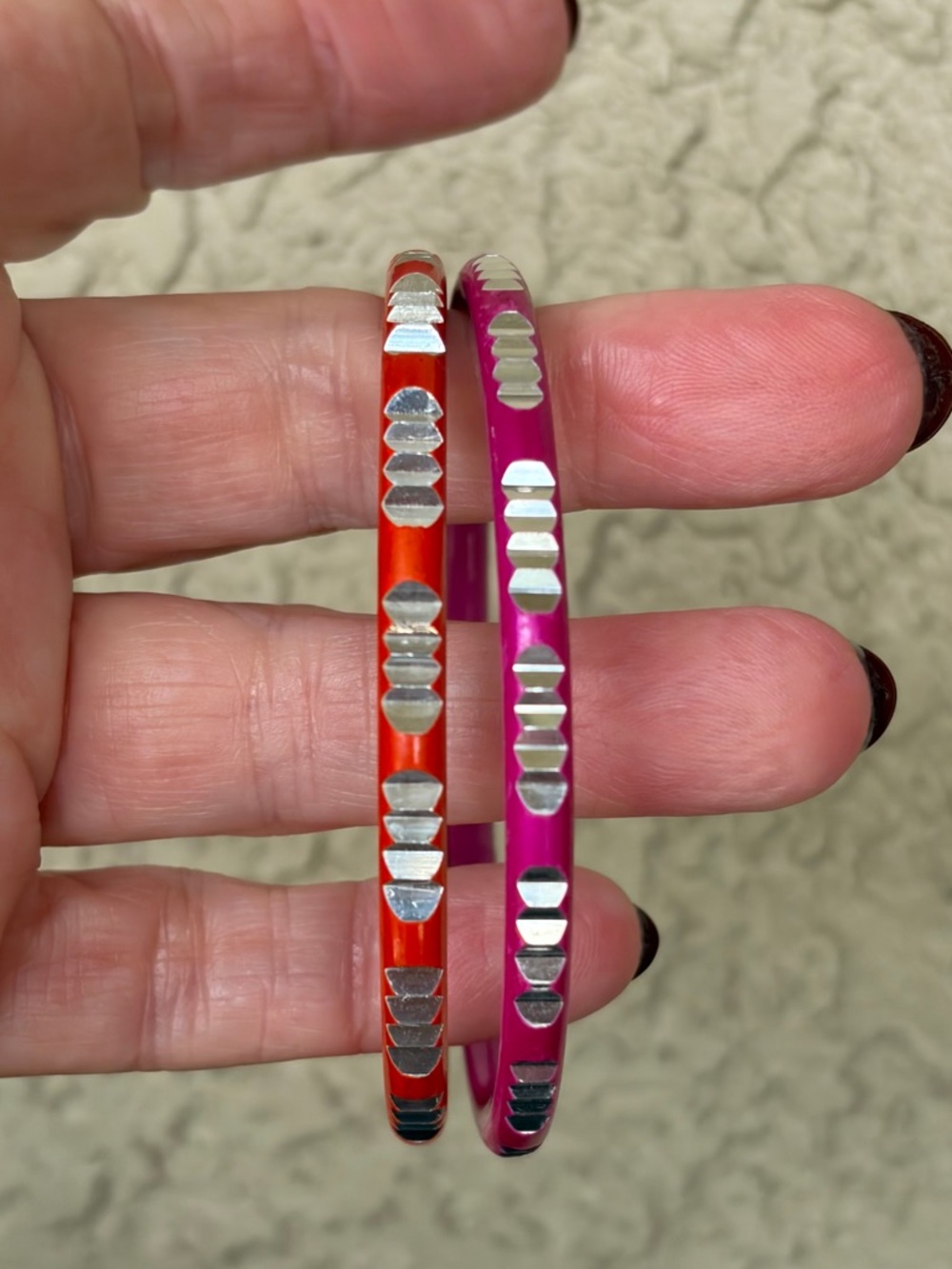 Vibrant Pink & Orange Bracelet Duo with Silver Cut Accents